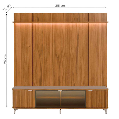Rack com Painel para TV até 85" 1 Prateleira 1 Porta Vidro Reflecta e LED Neon Float 215cm - Canella c/ Champanhe