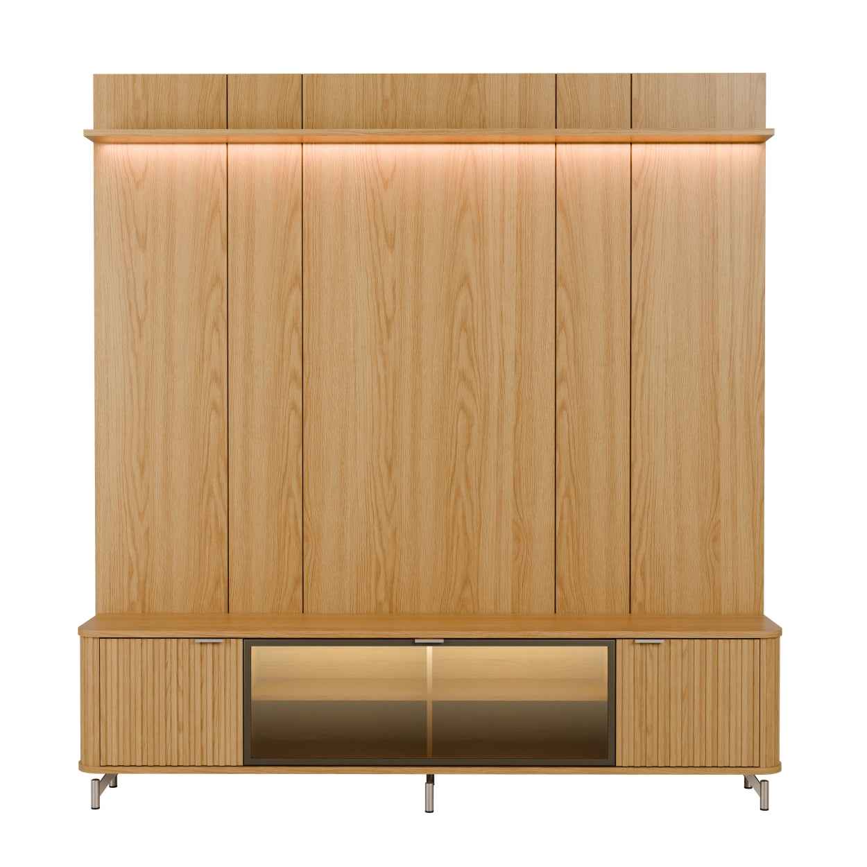Rack com Painel para TV até 85" 1 Prateleira 1 Porta Vidro Reflecta e LED Neon Float 215cm – Carvalho c/ Champanhe