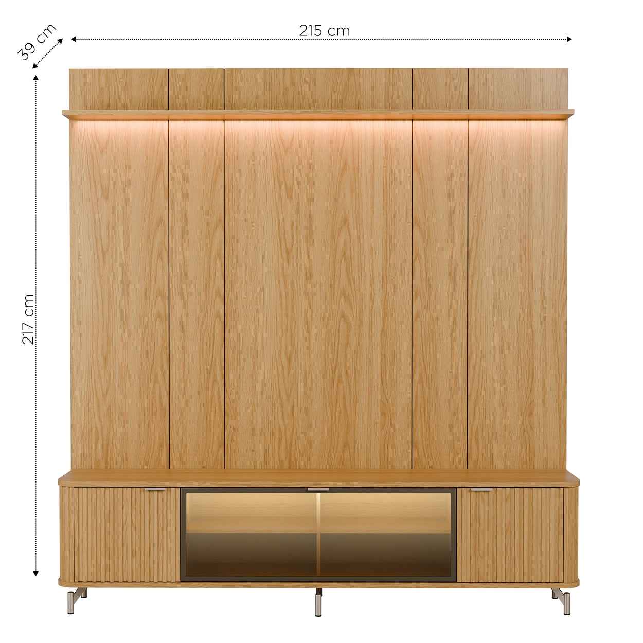 Rack com Painel para TV até 85" 1 Prateleira 1 Porta Vidro Reflecta e LED Neon Float 215cm – Carvalho c/ Champanhe