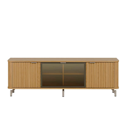 Rack com Painel para TV até 85" 6 Prateleiras e Cristaleira 1 Porta Vidro Reflecta e LED Neon Float 254cm – Carvalho c/ Champanhe
