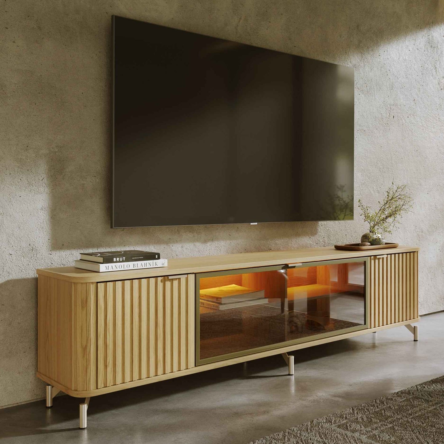 Rack para TV Até 85” 3 Portas com Vidro Reflecta e LED Neon Float 212 cm